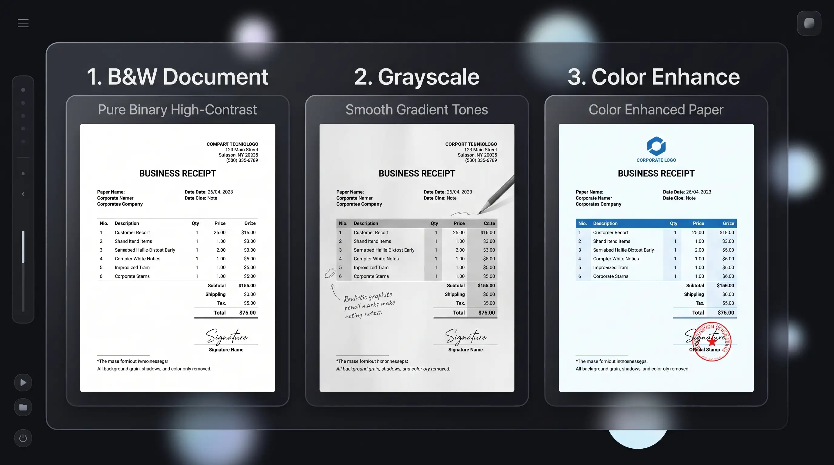Comparison showing three document scanner filter modes: High-contrast Black and White, smooth Grayscale for pencil sketches, and Color Enhance for stamps and certificates