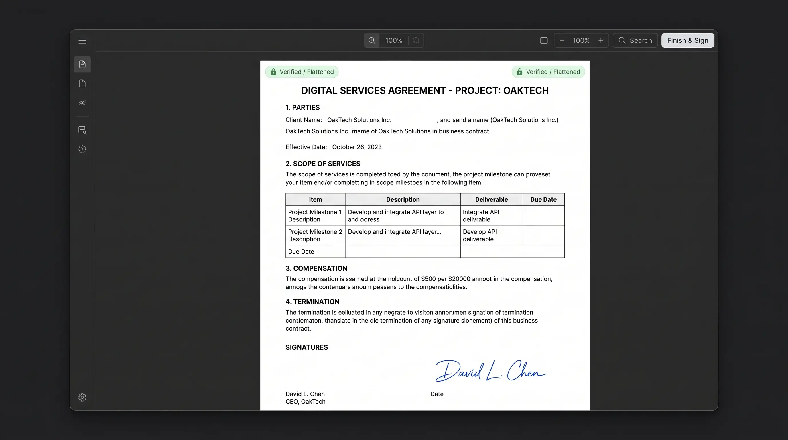 Flattened PDF form with all fields and signatures permanently baked into the static page stream