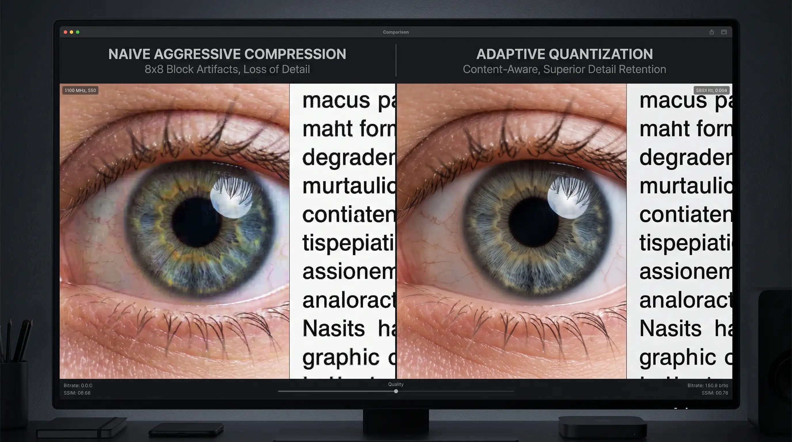 Macro comparison illustrating blocky 8x8 pixelation from naive aggressive compression versus smooth details preserved by adaptive quantization