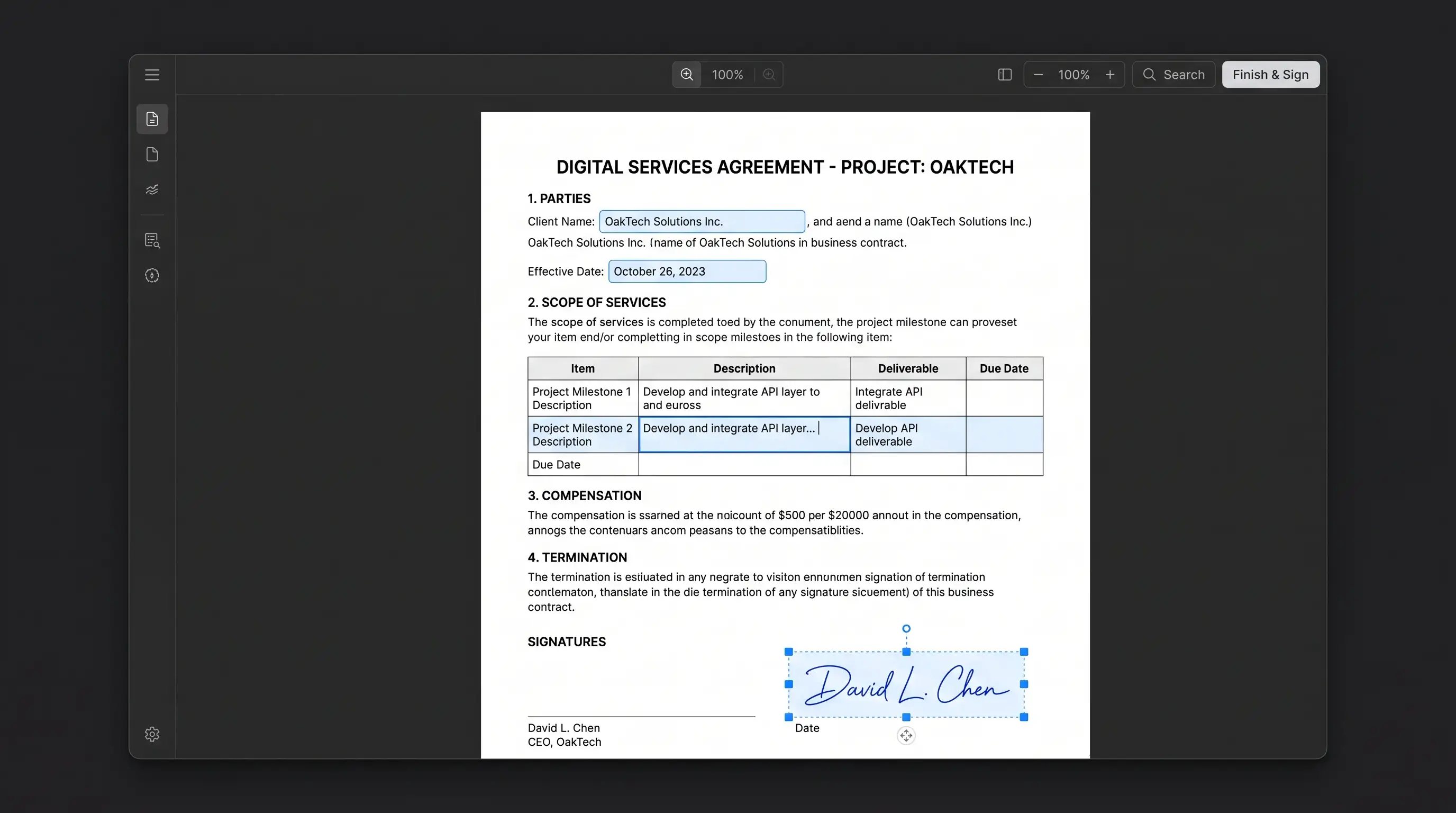 Interactive PDF form with highlighted blue fillable fields and removable signature stamp