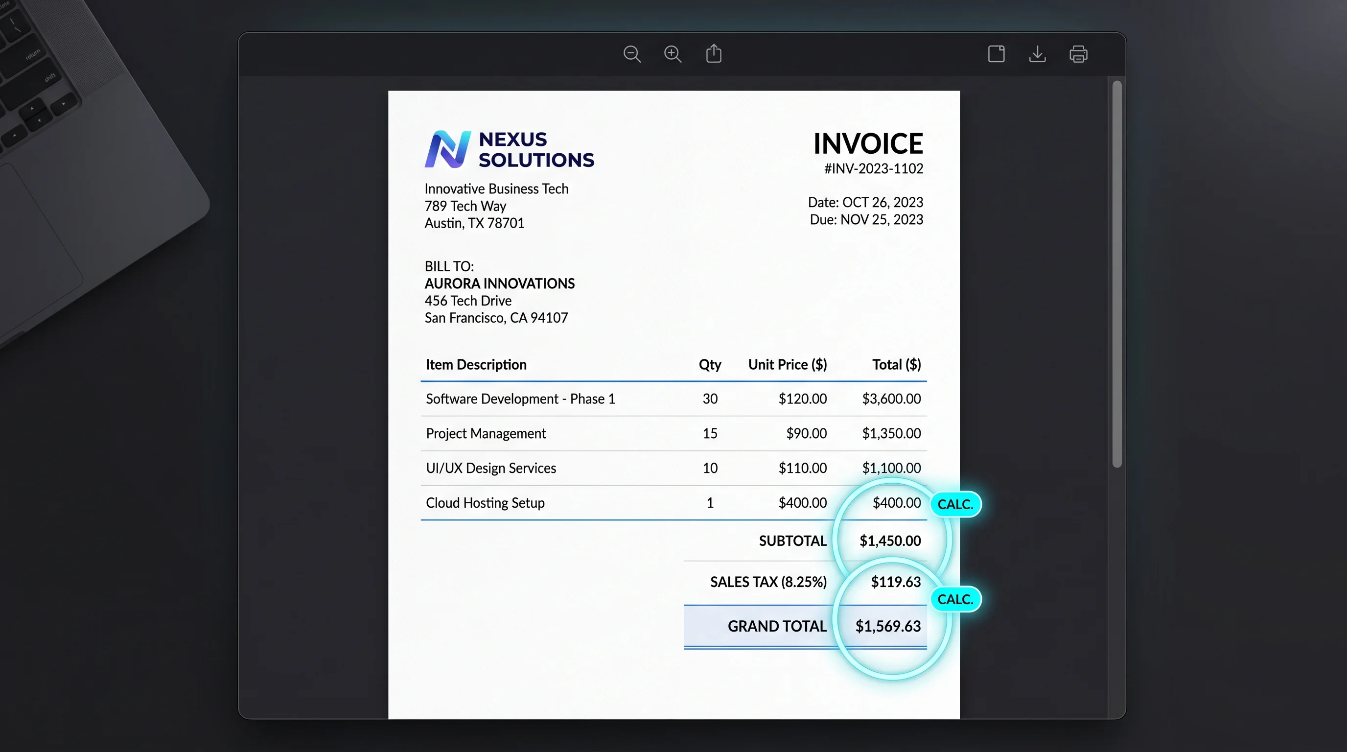 High-resolution UI mockup of a modern digital PDF invoice form showing automated calculation fields with live updating subtotal and tax amounts