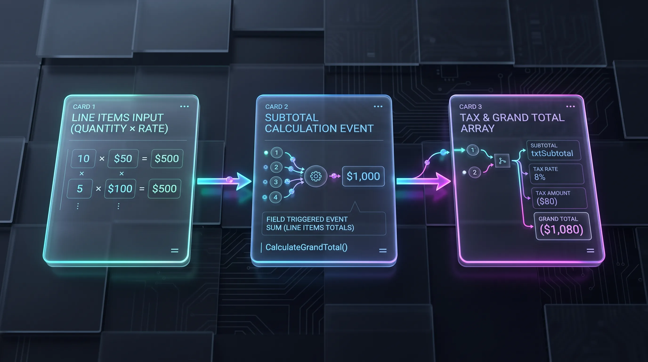 Technical diagram illustrating how the PDF calculation order array processes dependencies from subtotal to tax to grand total