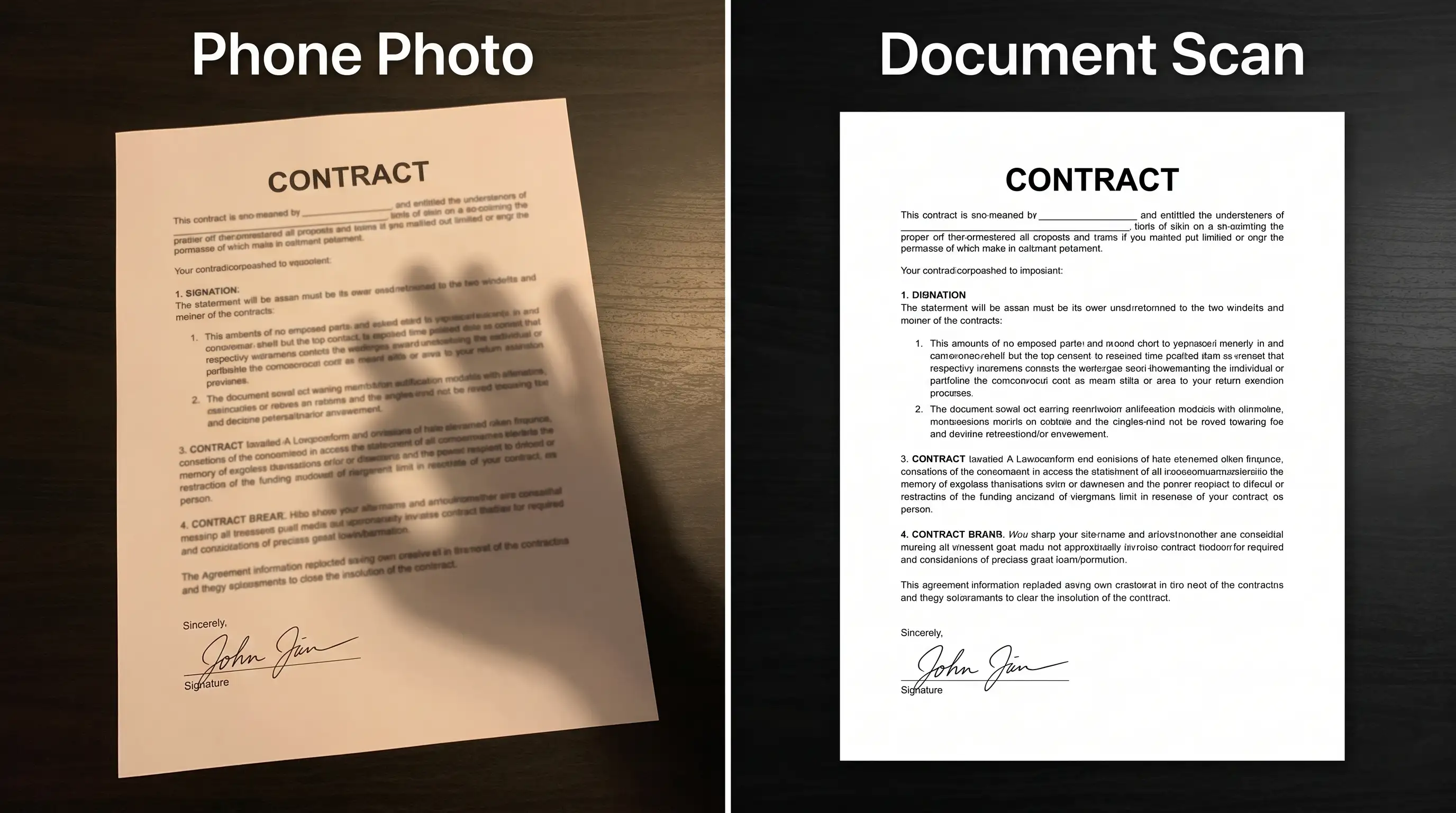 Before and after comparison of a shadowy angled smartphone photo of a contract transformed into a clean, flat black and white document scan