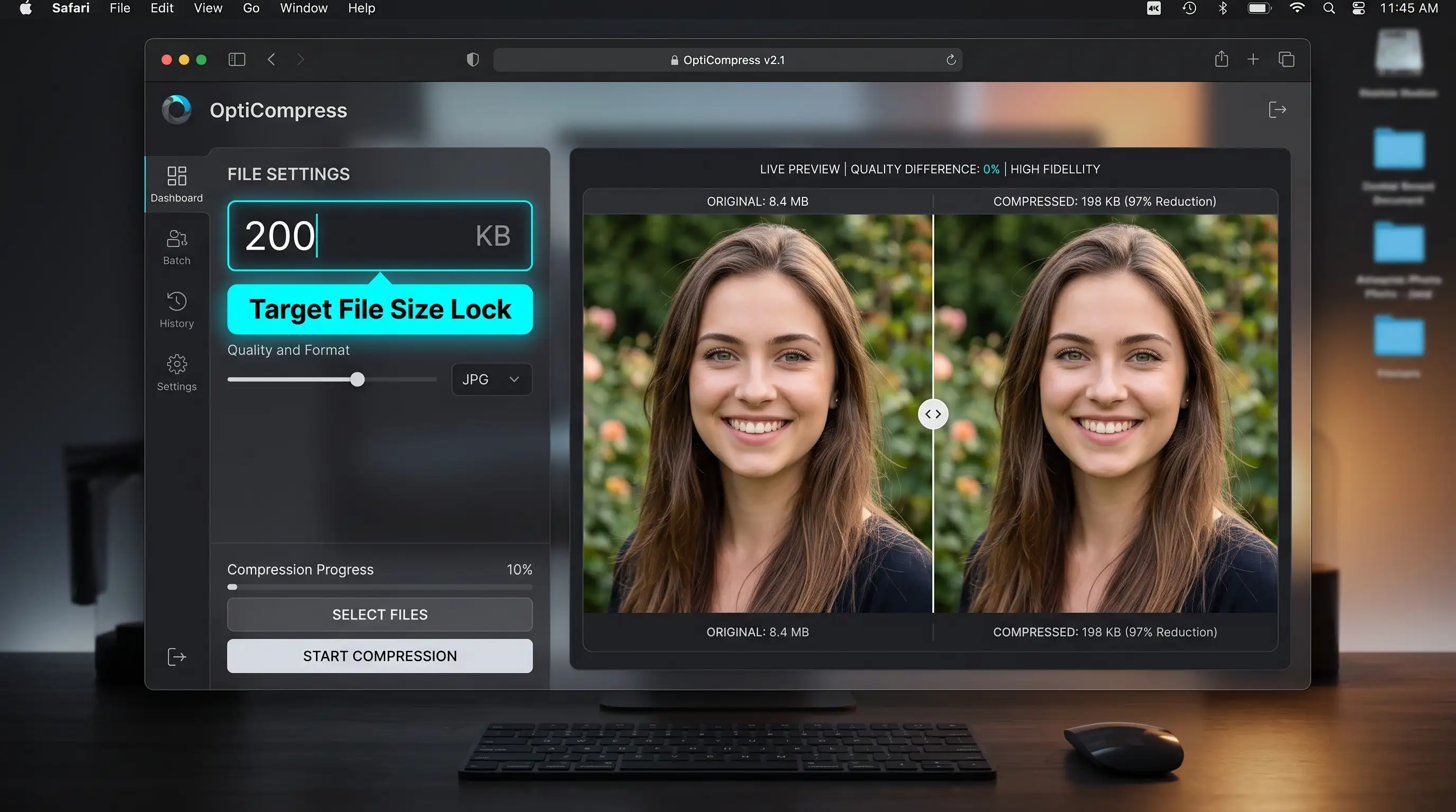 High-resolution UI mockup of the Smart Image Compressor showing target file size mode set to 200KB with live real-time visual inspection